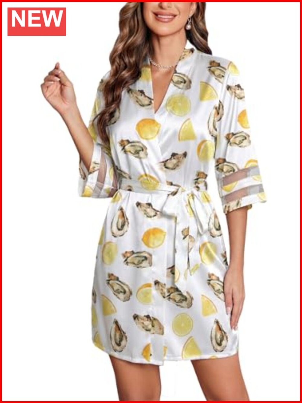 Satin Silk Kimono Robe with 3/4 Bell Sleeves, V-Neck, Tie Front, Bathrobe for